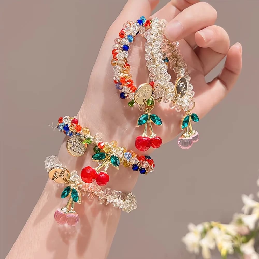 1/2pcs Colorful Crystal Cherry Hair Rope Sweet Rhinestone Hair Ring High Elastic Headband Bracelet Dual Use Tendon Headwear