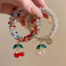 1/2pcs Colorful Crystal Cherry Hair Rope Sweet Rhinestone Hair Ring High Elastic Headband Bracelet Dual Use Tendon Headwear