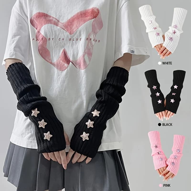1 pair of ladies' fingerless gloves with star decoration white/black/pink machine washable fashionable accessory gloves