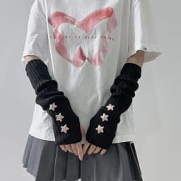 1 pair of ladies' fingerless gloves with star decoration white/black/pink machine washable fashionable accessory gloves