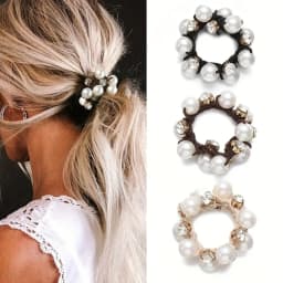 3Pcs Paux Pearl Brimmed Hair Tie Glitter Rhinestone Decor Hair Rope Retro Style Scrunchies for Women
