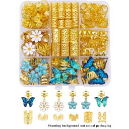 56pcs Vibrant Garden Hair Rings with Blue & Green Butterflies, White Daisies and Blue Camellias and Elegant Adjustable Cuffs
