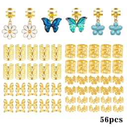 56pcs Vibrant Garden Hair Rings with Blue & Green Butterflies, White Daisies and Blue Camellias and Elegant Adjustable Cuffs
