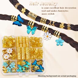 56pcs Vibrant Garden Hair Rings with Blue & Green Butterflies, White Daisies and Blue Camellias and Elegant Adjustable Cuffs