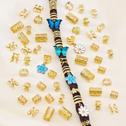 56pcs Vibrant Garden Hair Rings with Blue & Green Butterflies, White Daisies and Blue Camellias and Elegant Adjustable Cuffs