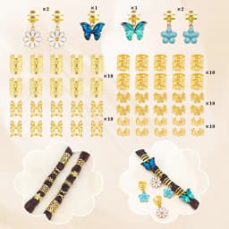 56pcs Vibrant Garden Hair Rings with Blue & Green Butterflies, White Daisies and Blue Camellias and Elegant Adjustable Cuffs