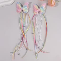 2Pc Cute Gradient Butterfly Hair Clips for Girls Shiny Long Tassel Ribbon Bows Hair Accessories Sweet Princess Style Barrettes f