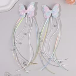 2Pc Cute Gradient Butterfly Hair Clips for Girls Shiny Long Tassel Ribbon Bows Hair Accessories Sweet Princess Style Barrettes f