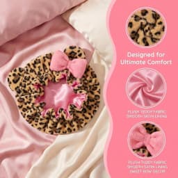 Leopard Print Teddy Plush Hair Bonnet with Big Bow, Satin Lined Soft Fluffy Night Sleep Cap, Adjustable Bear Ear Hair Wrap for W