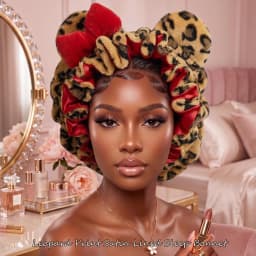 Leopard Print Teddy Plush Hair Bonnet with Big Bow, Satin Lined Soft Fluffy Night Sleep Cap, Adjustable Bear Ear Hair Wrap for W