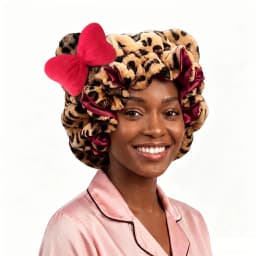 Leopard Print Teddy Plush Hair Bonnet with Big Bow, Satin Lined Soft Fluffy Night Sleep Cap, Adjustable Bear Ear Hair Wrap for W