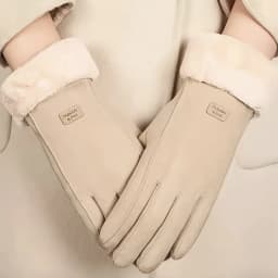 Comfortable beige touchscreen gloves with plush lining - providing thick and warm winter protection for outdoor leisure