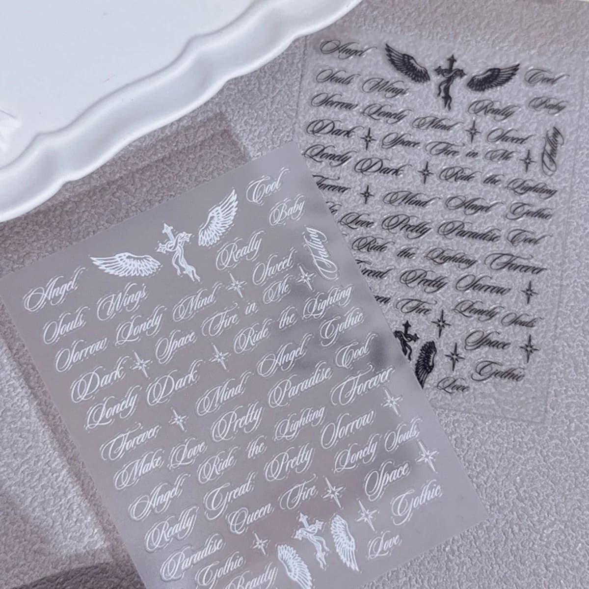 Black White Letter Words Nail Stickers Angel Wings Letter Mixed Designs Holographic Y2K Nail DIY Decorative Stickers