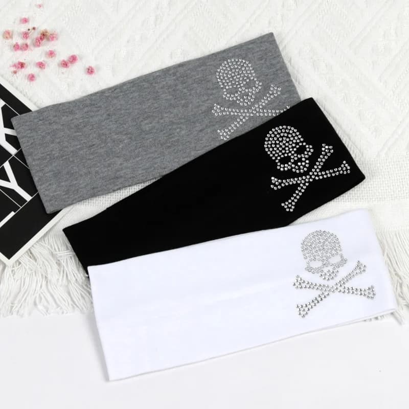 SKull Design Retro Street Punk Style Rhinestone Hair Strap Hot Girls Elastic Wide Edge Hairband Sports Anti Sweating Headband