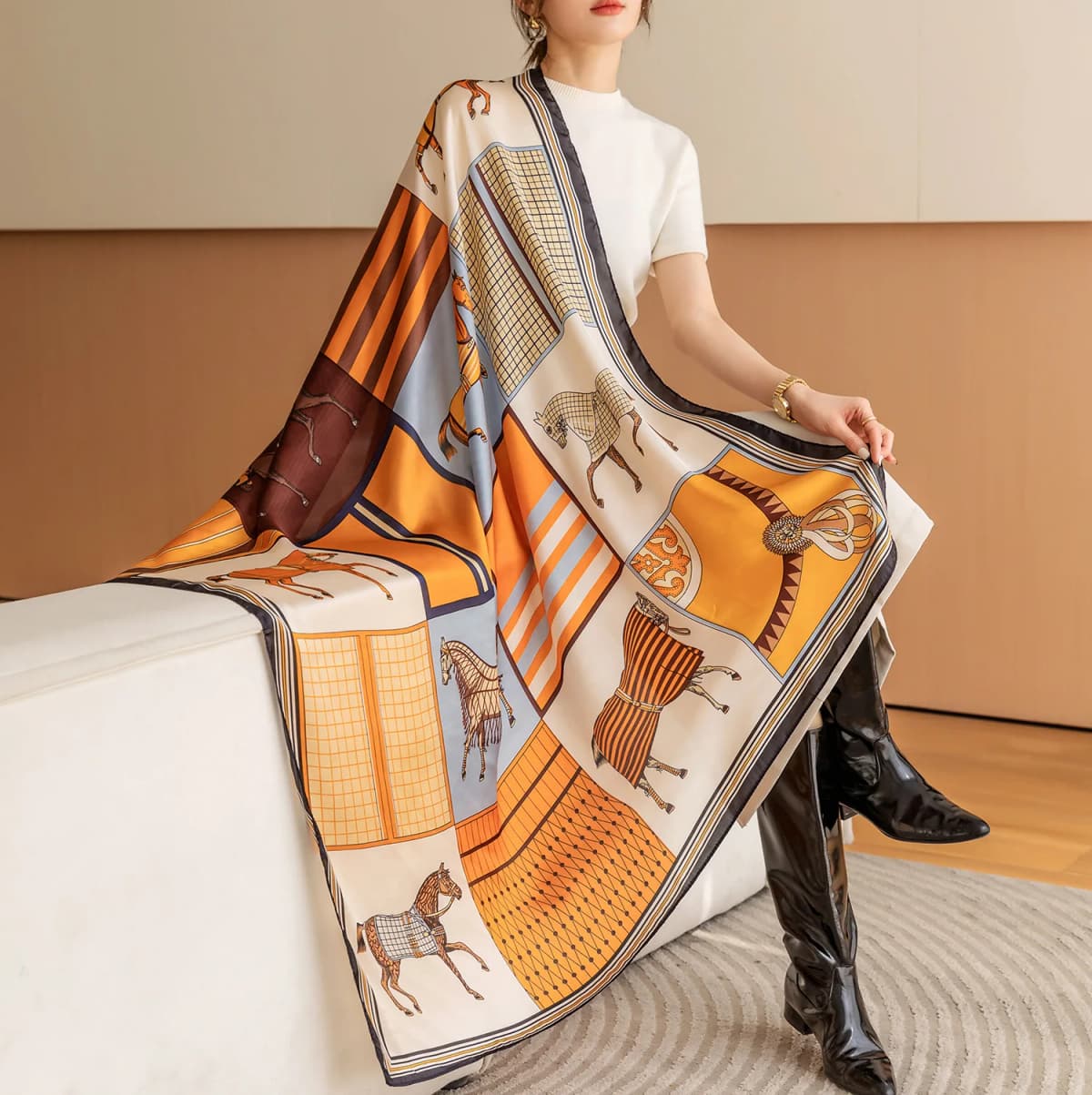Luxury Horse Print Square Scarf Vintage Imitation Silk Shawl Scarf Women Windproof Outdoor Head Wrap 110*110cm