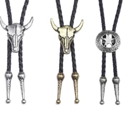 Adjustable Bull Head Five Stars Western Cowboy Bolo Tie Rodeo Dance Necktie Faux Leather Pendant Necklace