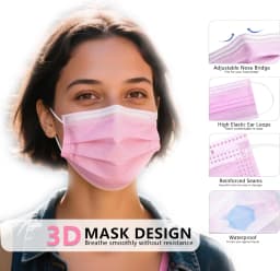 100pcs pink disposable 3-layer protective mask with adjustable nose tip-breathable, lightweight, very suitable for outdoor activ