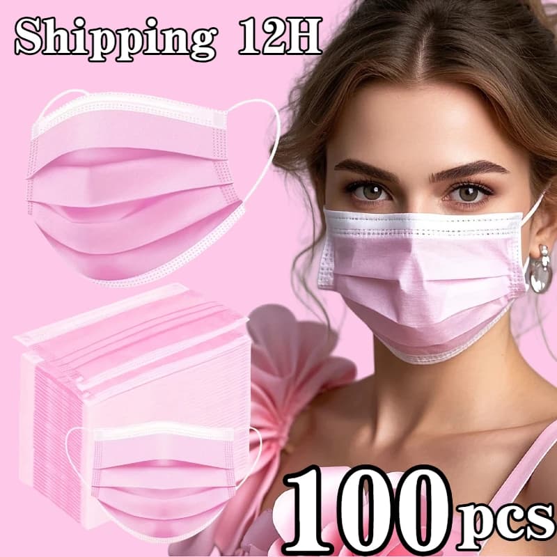 100pcs pink disposable 3-layer protective mask with adjustable nose tip-breathable, lightweight, very suitable for outdoor activ