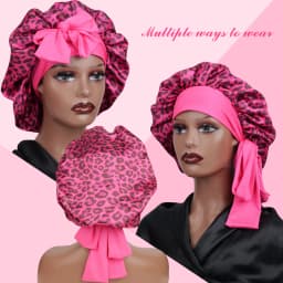 Silky Satin Sleep Bonnet Leopard Print Adjustable Tie Band Hair Cover for Natural Curly Hair Night Shower Bonnet 1PC