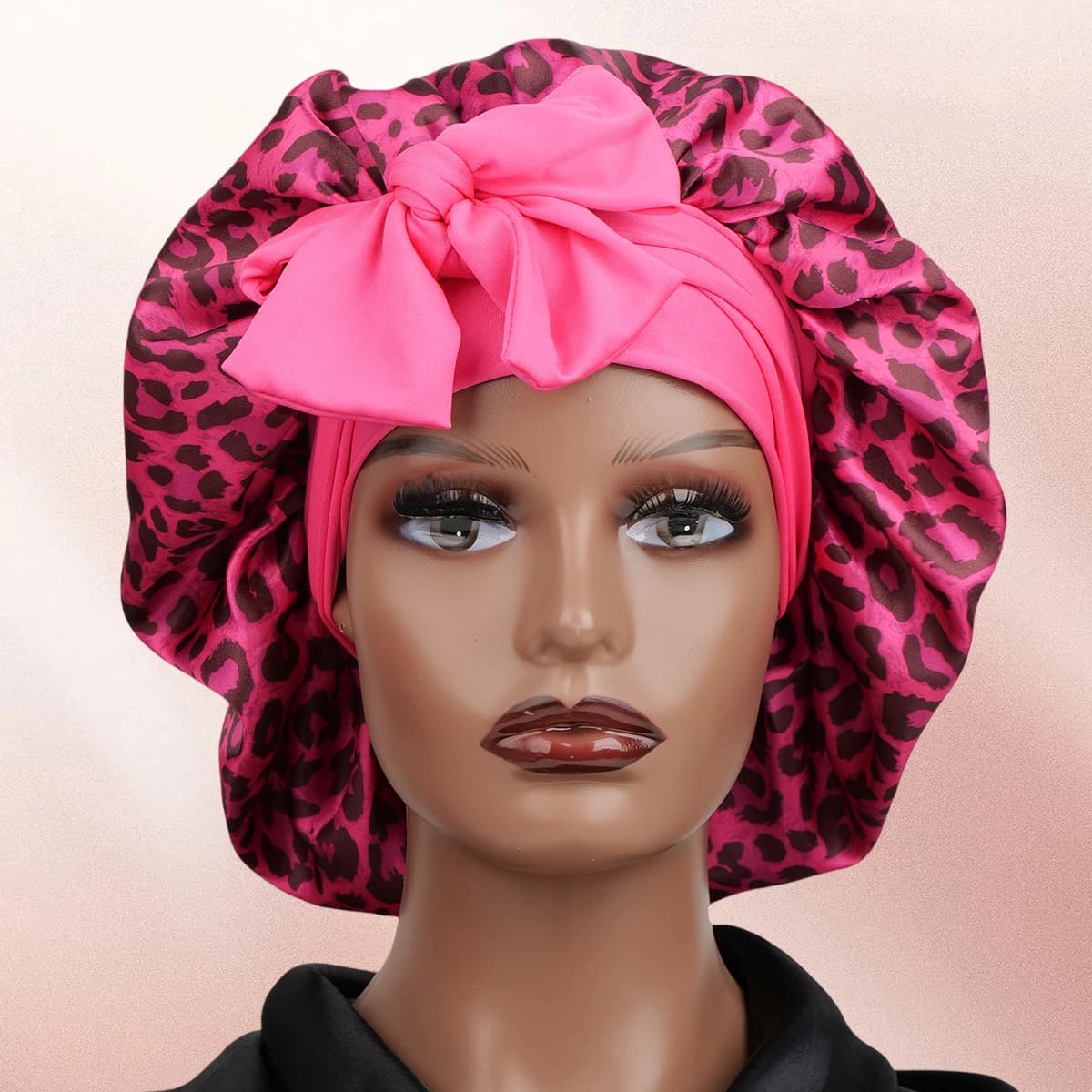 Silky Satin Sleep Bonnet Leopard Print Adjustable Tie Band Hair Cover for Natural Curly Hair Night Shower Bonnet 1PC