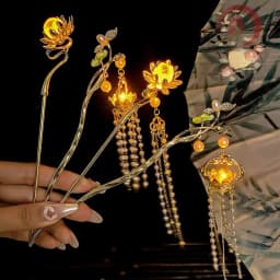 Luminous Flower Hairpin Women Creative Lotus Emit Light Lantern Tassel Hair Stick Vintage Chinese Style Fashion Hair Accessories