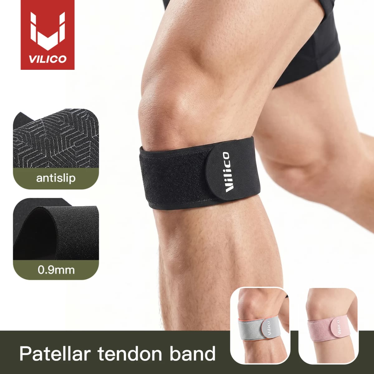 1Pc Patellar Tendon Band, Vilico Ultra Thin 0.9mm Anti-slip Adjustable Compression Knee Strap for Running Cycling Workout, Unise