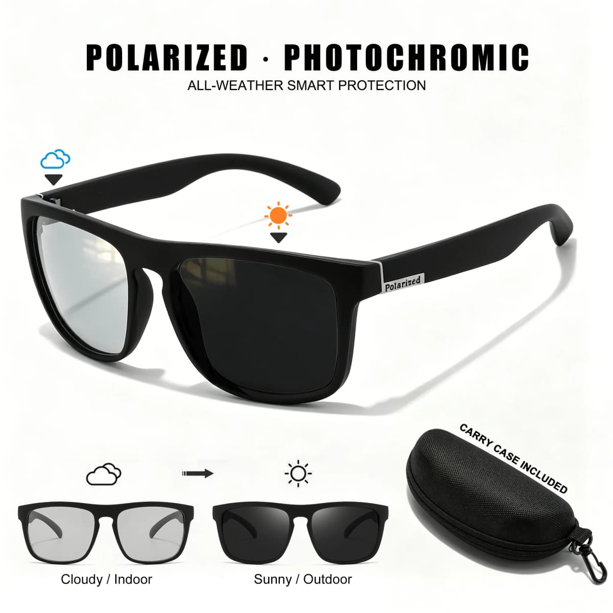 Sports Photochromic Polarized Sunglasses Unisex Classic Square Frame UV400 Anti-Glare All Day Wear for Driving Fishing Cycling