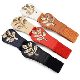 Women's Waist Cover Fashionable Gold Leaf Elastic Waist Closure With Double Hook Buckle Wide Belt Paired With Skirt Women Belt