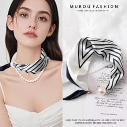 New Pearl Buckle Silk Scarf Thin Printed Neck Scarf Lightweight Soft Neckerchief Women