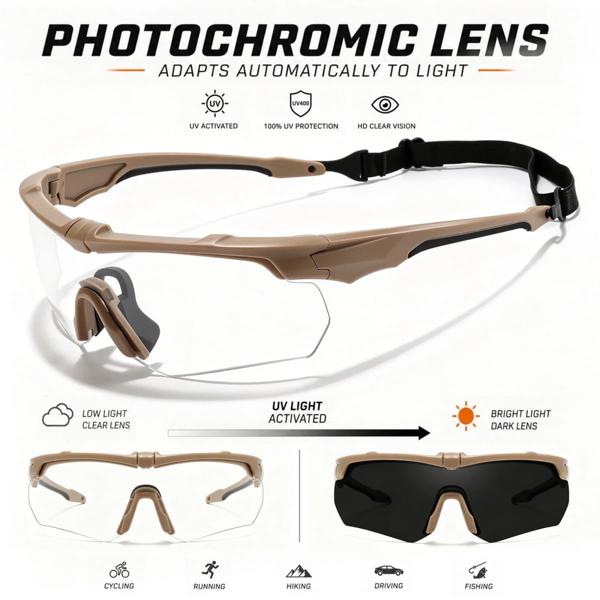 Wrap-around Photochromic Sports Protective Glasses, Comfort Eyewear for Daily Use, Motorcycle Cycling, Hunting and Outdoor Sport