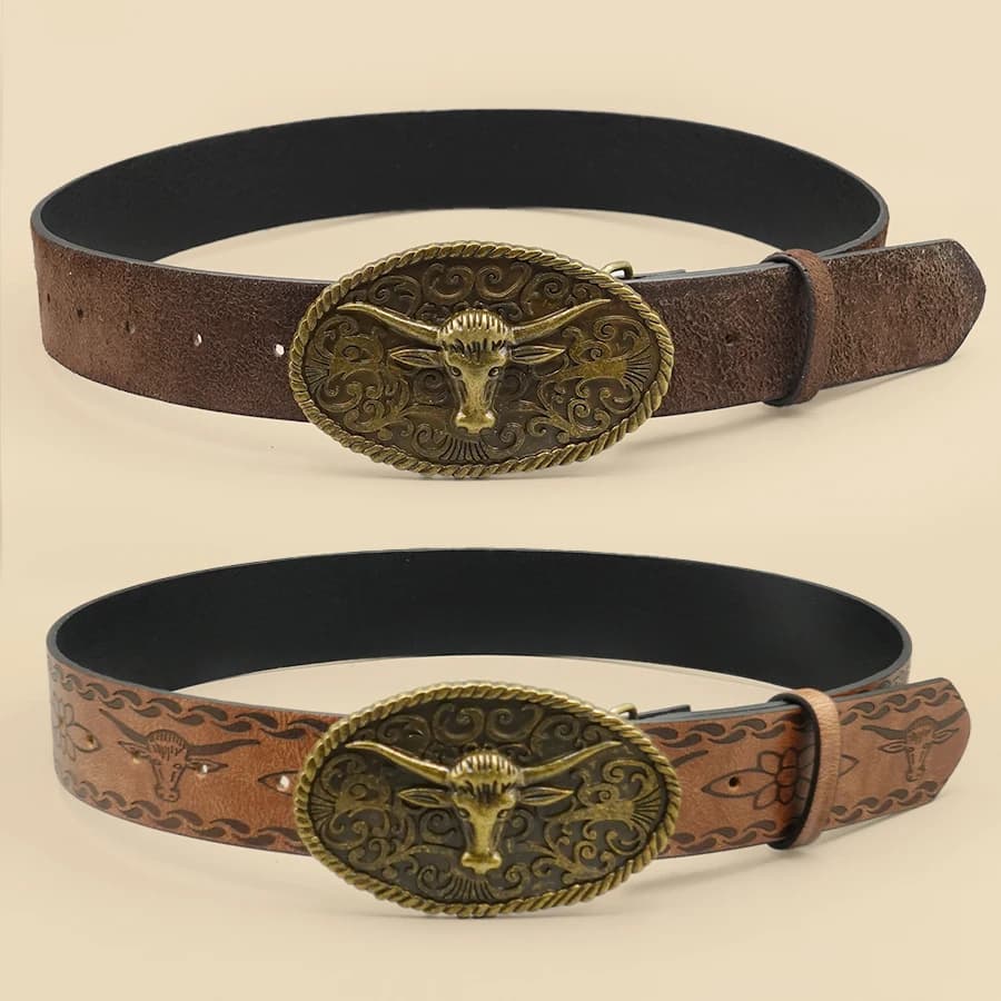 Retro Western Style Casual Belt with Antiqued Alloy Bullhead Buckle, a Versatile Accessory for Daily Commute and Dating