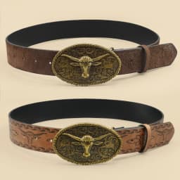 Retro Western Style Casual Belt with Antiqued Alloy Bullhead Buckle, a Versatile Accessory for Daily Commute and Dating