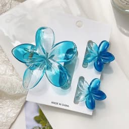 3pcs Shiny Ombre Translucent Blue Frangipani Flower Hair Claws, Big & Small Size, Beachy Spring/Summer Hair Clip Accessories
