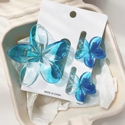 3pcs Shiny Ombre Translucent Blue Frangipani Flower Hair Claws, Big & Small Size, Beachy Spring/Summer Hair Clip Accessories
