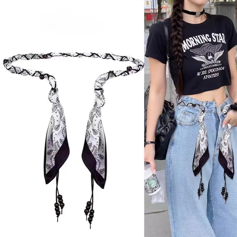 Fashionable Ethnic-Style Vintage Silk Scarf Handmade Nylon Waxed Cord Belt – Elegant and Versatile Decorative Cord for Jeans