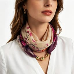 Oriental Ink Painting Plum Blossom Peony Printed Neck Scarf With Magnetic Buckle Scarf Clasp, Lazy Quick Easy Wear Neckerchief