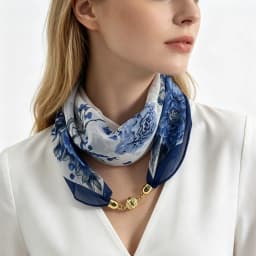 Oriental Ink Painting Plum Blossom Peony Printed Neck Scarf With Magnetic Buckle Scarf Clasp, Lazy Quick Easy Wear Neckerchief