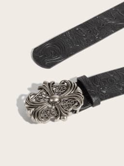 Hong Kong-style Denim Belt with Cross Carving & Rivets Niche Subculture Style Versatile Street Waistband for Casual Daily Outfit