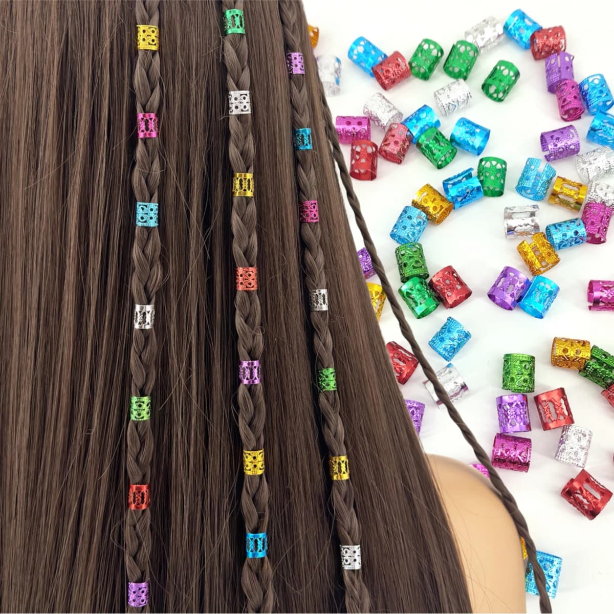 100PCS Multicolor Rings Dreadlocks Beads for Women and Girls, Braid Hair Decoration Colorful Aluminum Ring Adjustable Metal Cuff