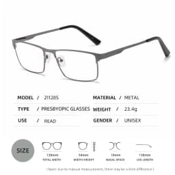 Men's Metal Square Frame Blue Light Blocking Reading Glasses, Fashion Presbyopic Eyeglasses for Men, +100 to +400 Diopters