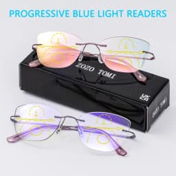 Women Progressive Multifocal Cat Eye Reading Glasses with Pink Purple Coatings Lens Rimless Design Flexible Temples Comfortable