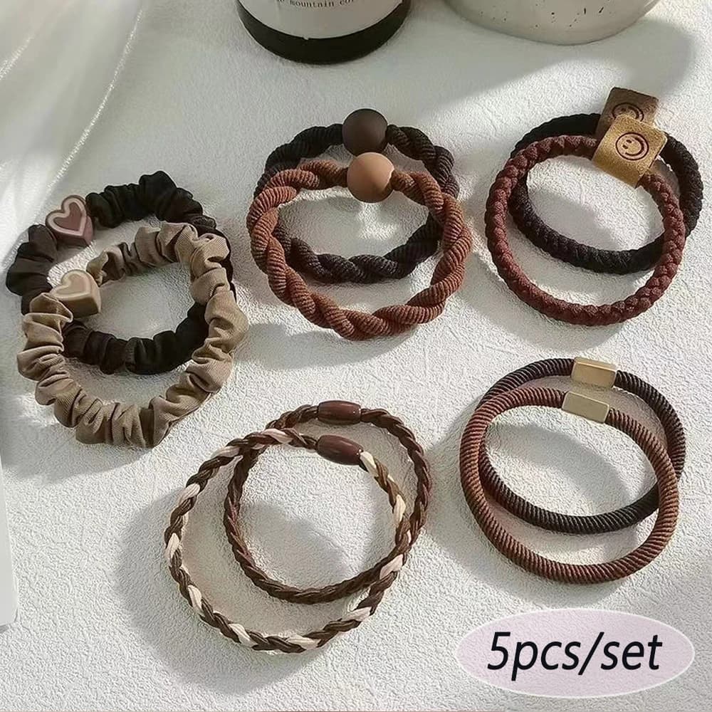 5pcs/Set Mixed Styles Hair Ties High Elastic Heart Shaped Rubber Band Women Girl No-Damage Ponytail Holder Scrunchies