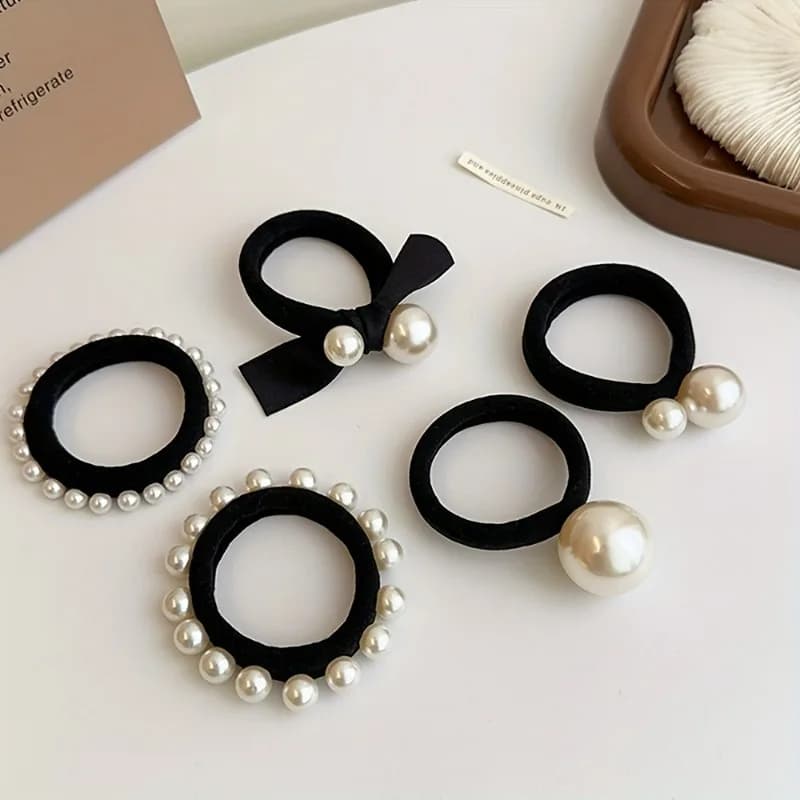 5Pcs Elegant Ladies Hair Band Suit, High Elastic Seamless Fabric, Imitation Pearl Bow Design, Ladies and Girls Love It!