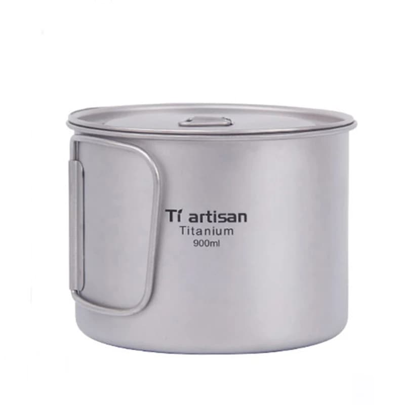 Tiartisan Camping Titanium Mug 900ml Portable Tableware Water Cup with Lid Folding Handle Outdoor Picnic Cookware Pot Ta8316