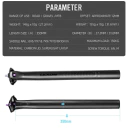 LEXON Ultralight 145g/155g Bicycle Seatpost Carbon 27.2/31.6mm Two Sizes MTB/Gravel/Road Bike Seating Tube 350mm Length Seatpost