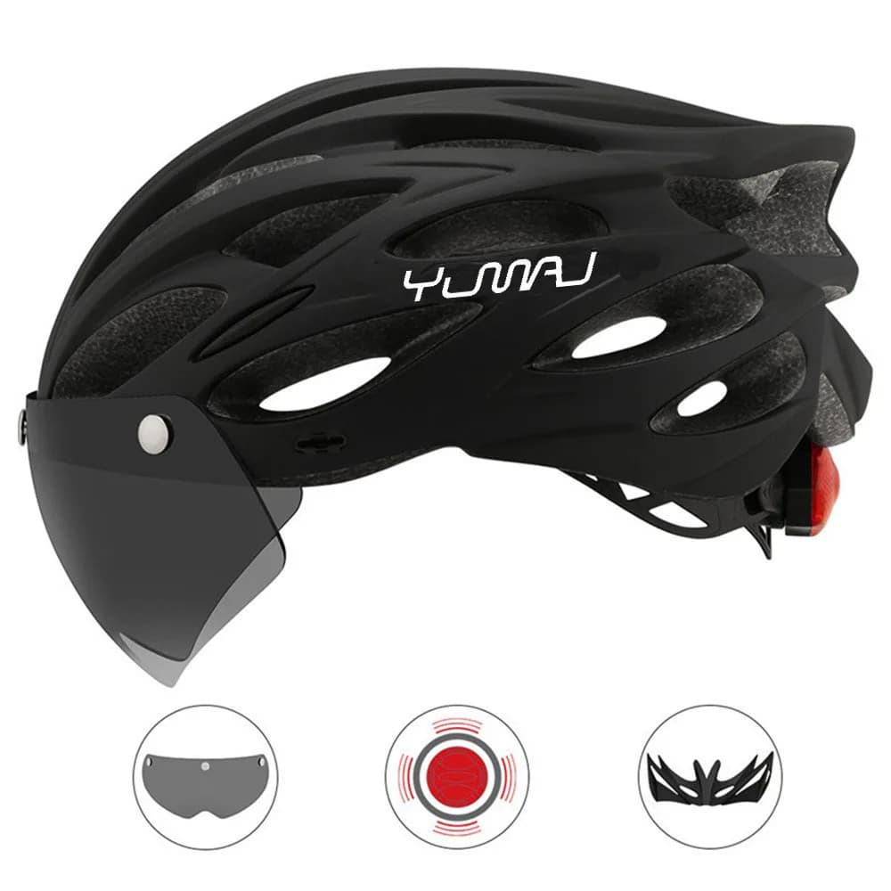 230g YUMAJ Ultralight Helmet Road Mountain Helmet Intergrally-molded with Removable Visor Goggles Bike Taillight Helmet CB-26