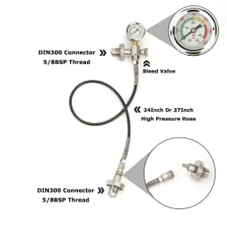Diving Scuba Din300 Cylinder Decanting Equalising Pressure With Quick Disconnect Hose+Pressure Gauge - 232Bar and 300Bar