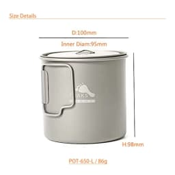 TOAKS 650ml Pot Titanium Cup Ultralight Outdoor Tableware Camping Mug Camping Equipment POT-650-L