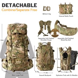 Military ILBE Laser Cut Tactical Backpack 1000D Waterproof With Hydration Pack & Radio Pouch 120L Capacity Camo
