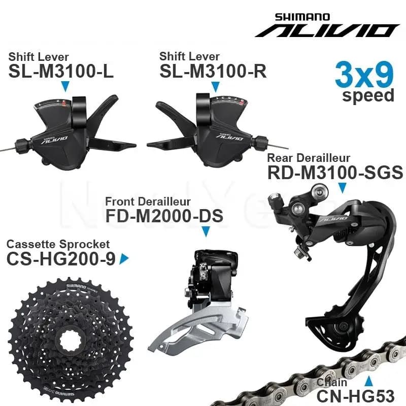 SHIMANO ALIVIO M3100 3x9v Groupset with 3x9 speed Shifter REAR and M2000 Front DERAILLEUR HG200 Cassette Sprocket COG Chains